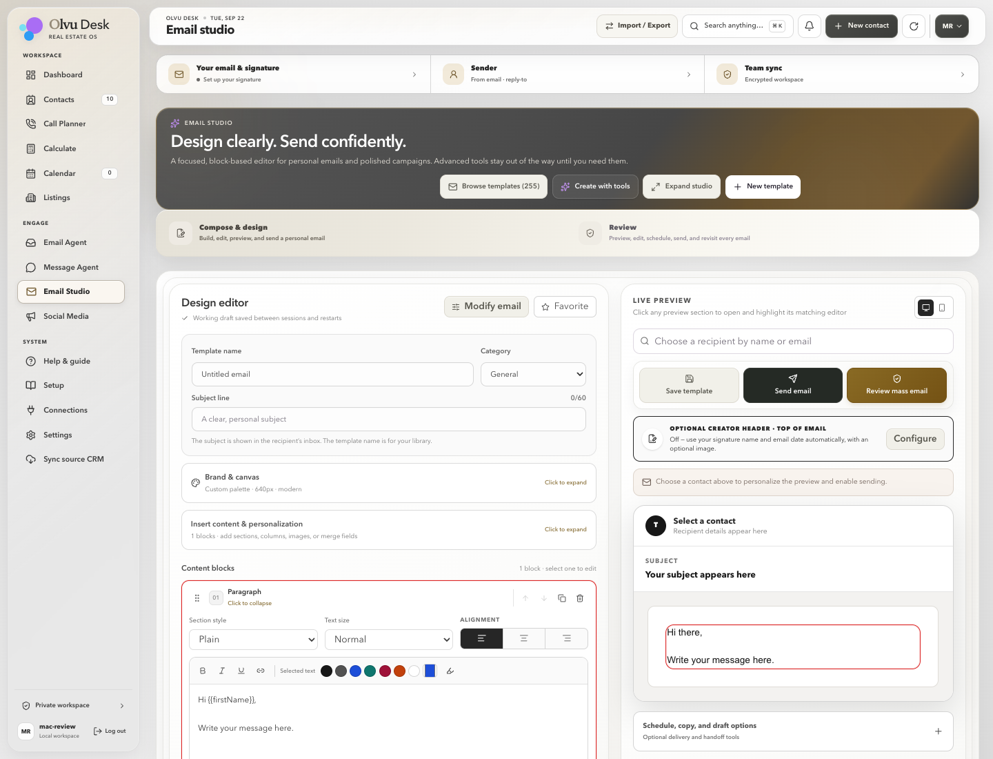 Actual Email Studio editor and live preview, shown in its starting state