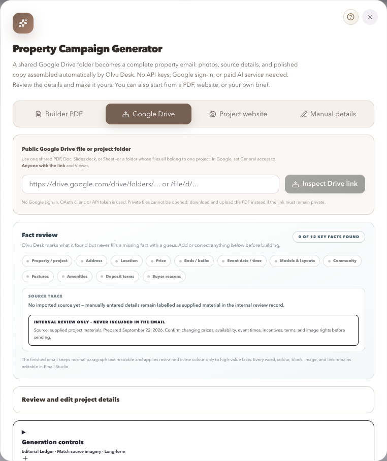 Actual Property Campaign Generator showing the Google Drive link and file-upload starting point