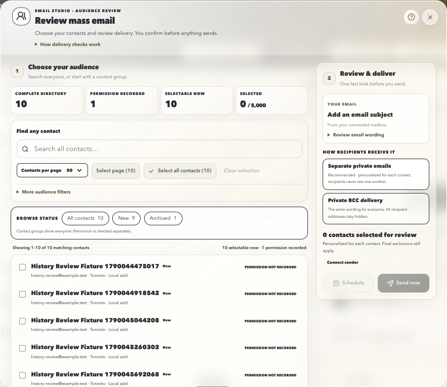 Actual mass-email review with audience selection beside email and delivery controls