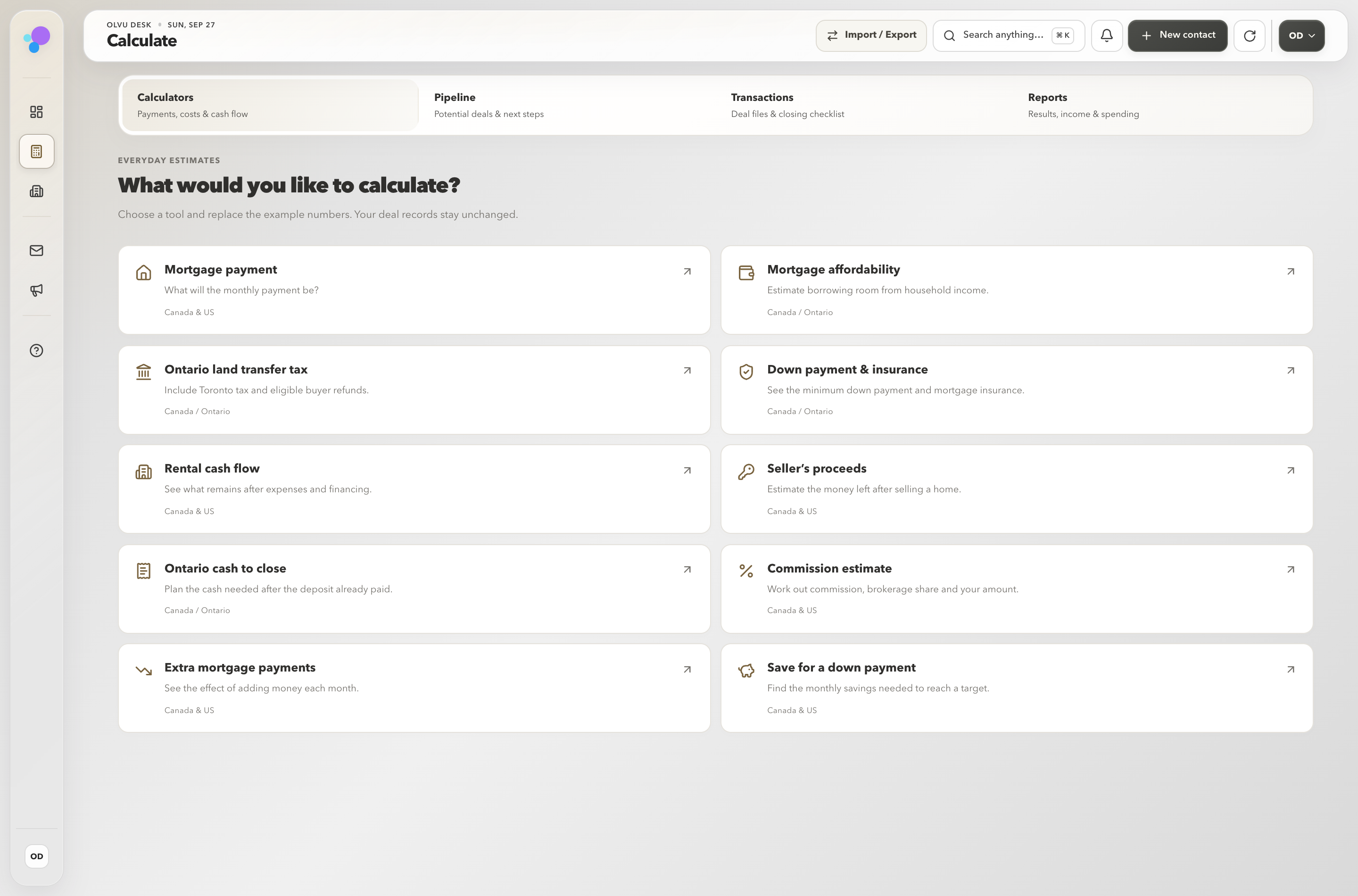 Actual Olvu Desk Calculate workspace with practical realtor calculators and example inputs