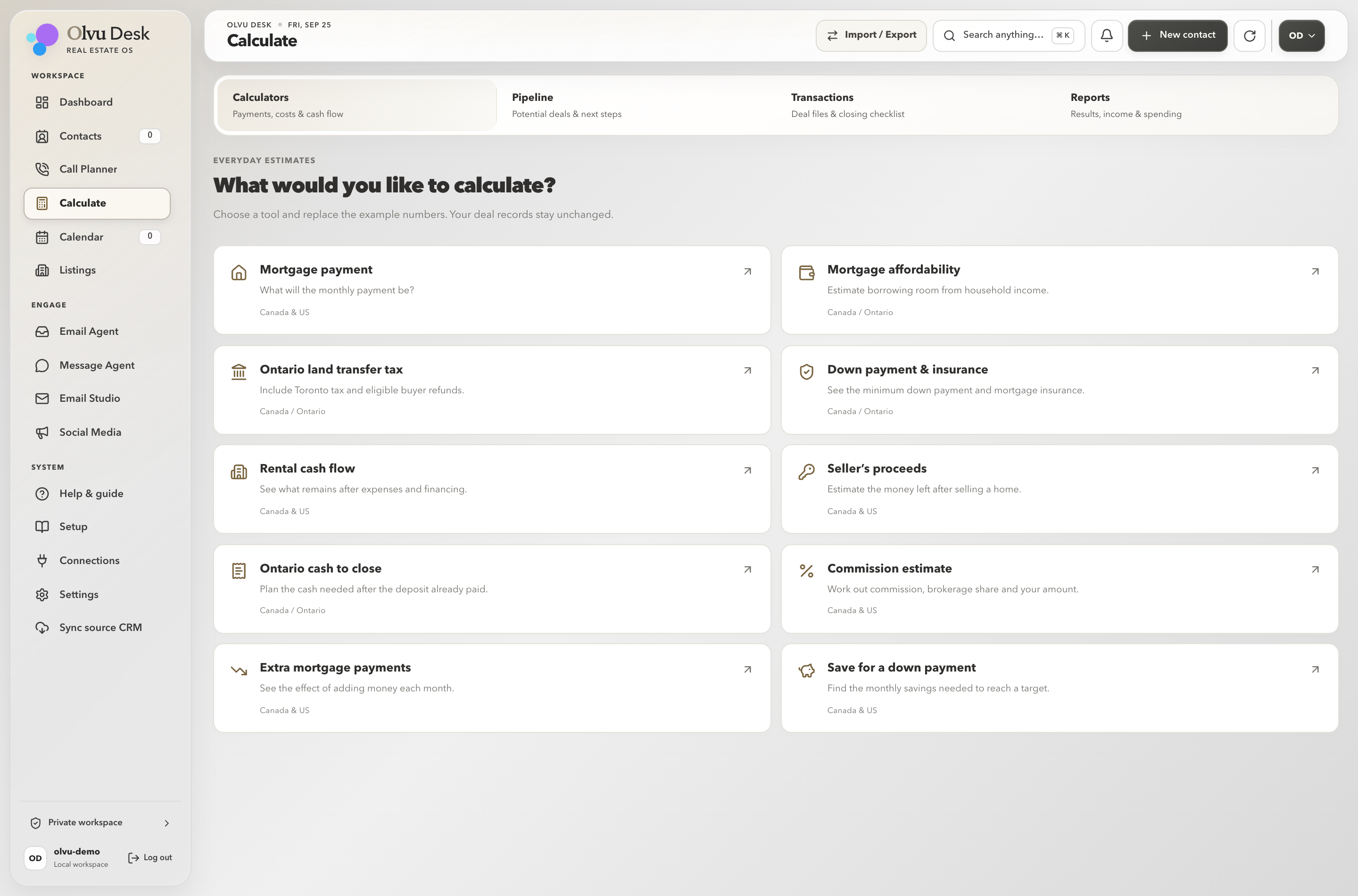 Actual Olvu Desk Calculate workspace with practical realtor calculators and example inputs