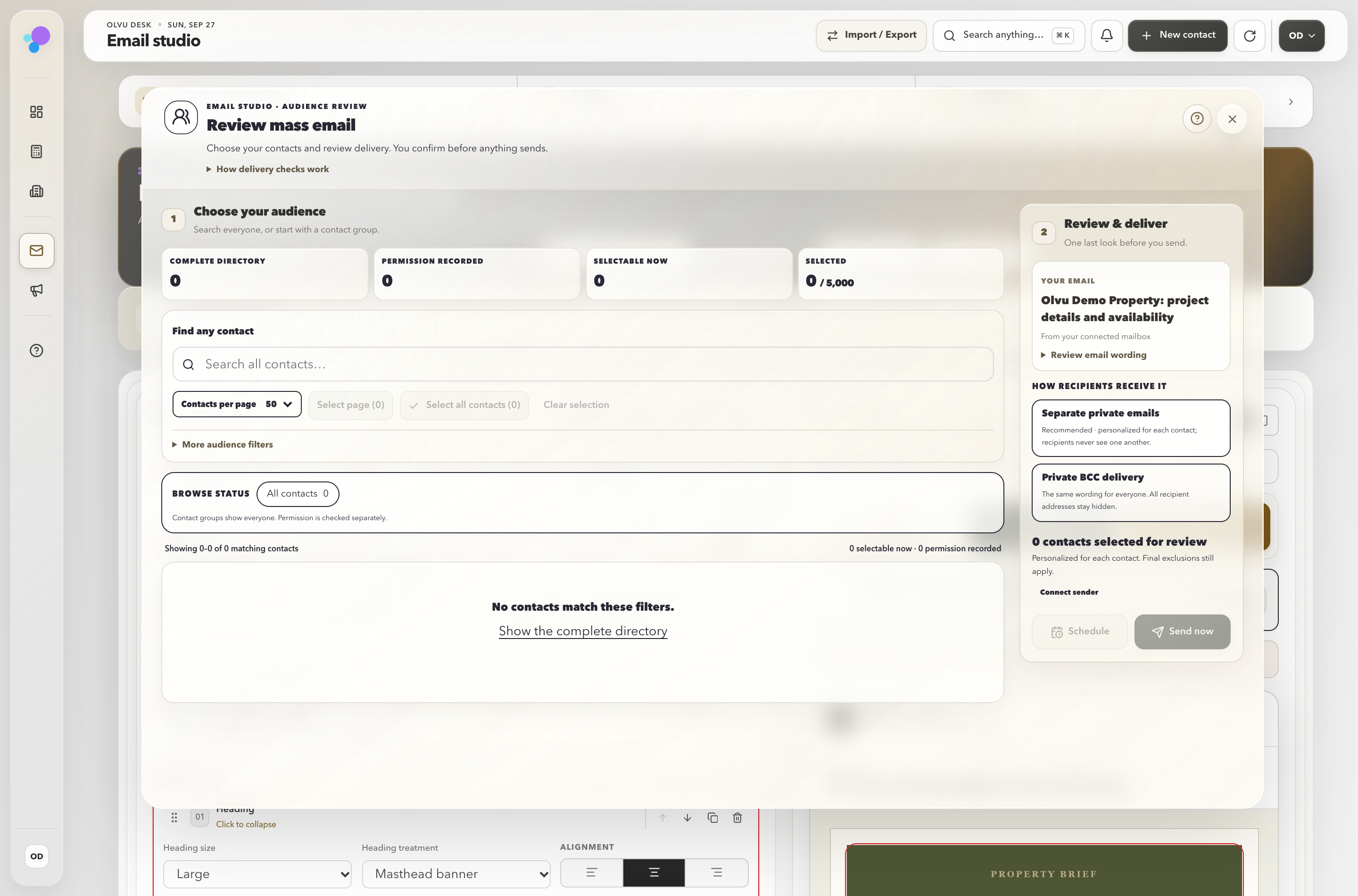 Actual mass email review with audience choices and delivery checks in an empty demo workspace