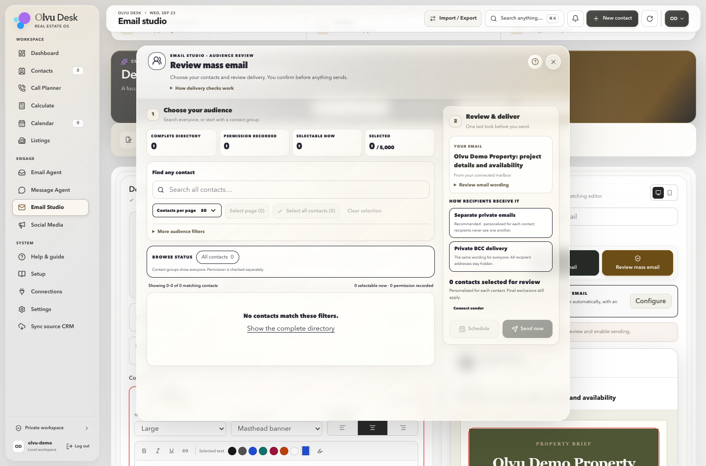 Actual mass-email review with audience selection beside email and delivery controls
