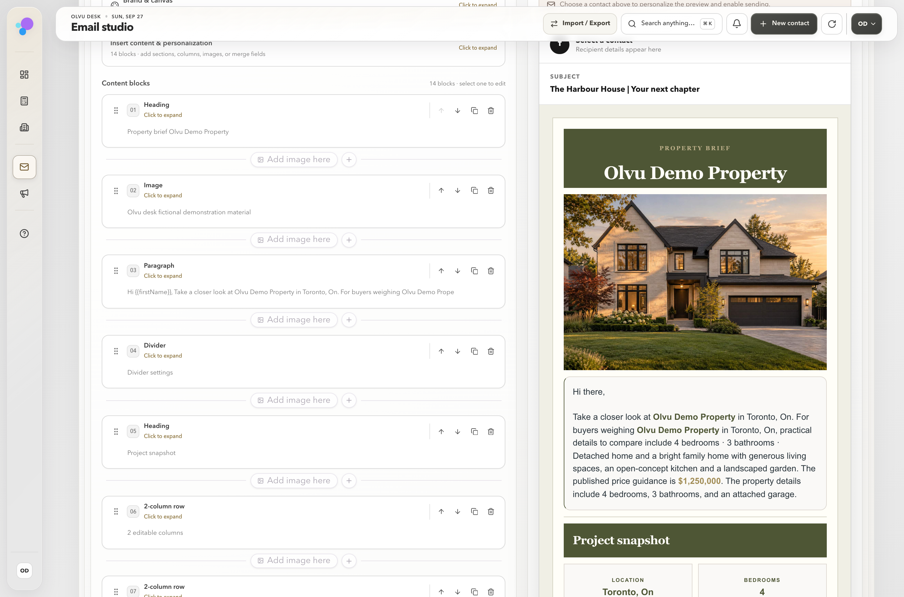 Actual Email Studio with editable blocks beside a designed fictional property email
