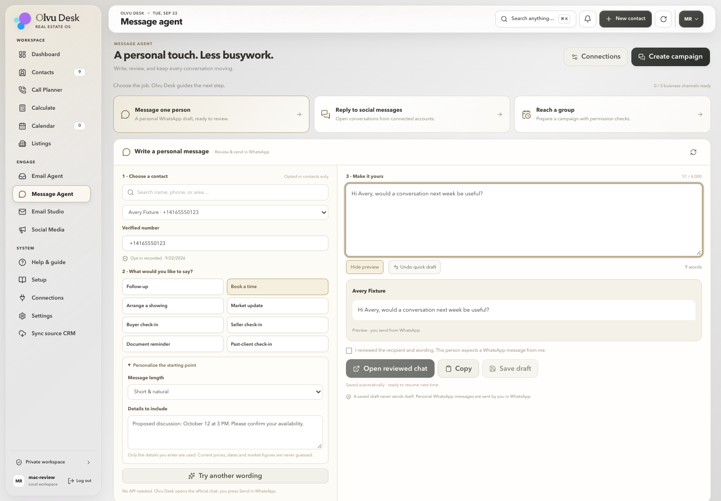 Olvu Desk Message Agent with a fictional contact, message starters, editable wording and a WhatsApp preview