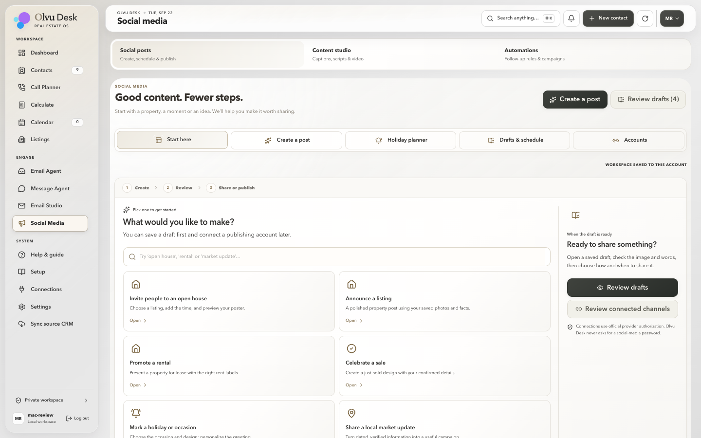 Actual Social Media workspace offering guided paths for open houses, listings, rentals and sold announcements